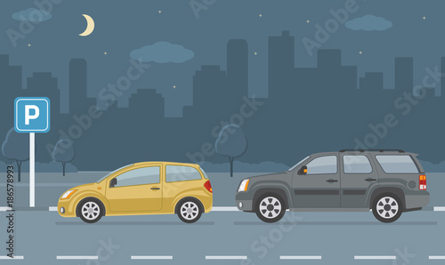 Fototapeta Naklejka Na Ścianę i Meble -  Parking lot with two cars on city background. Vector illustration.
