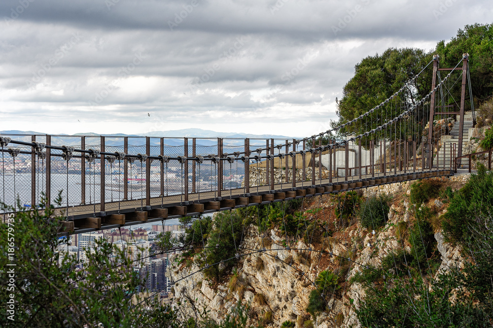 Windsor Bridge - Gibraltar`s suspension bridge located in the Upper Rock. Gibraltar (British Overseas Territory).
