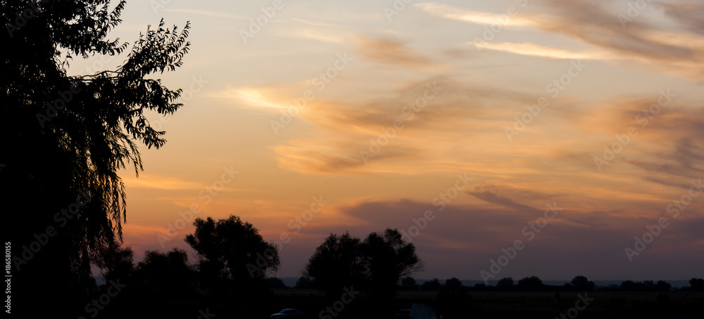 Panorama of Sky background or texture at the sunset time with clouds. Copy space. Instagram