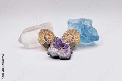 Fossils and Gemstones Arranged on a Seamless White Background