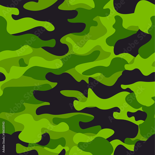 Green camouflage seamless pattern background. Classic clothing style masking camo repeat print. Green, lime, black olive colors forest texture. Design element. Vector illustration.