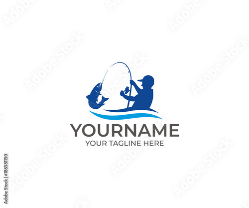 Fishing Logo Template. Fisherman and Fish Vector Design. Animal Illustration