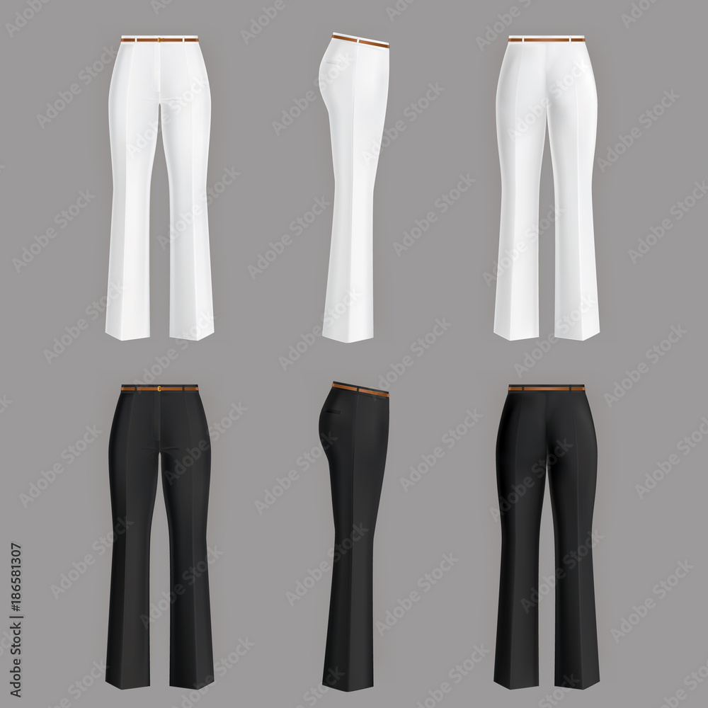 Vector realistic formal trousers for women isolated on gray background.  Female flared pants 3d illustration. Set