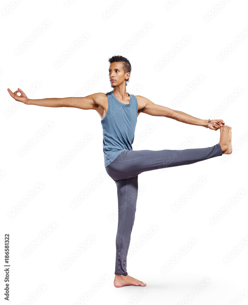 Young man doing yoga isolated on white