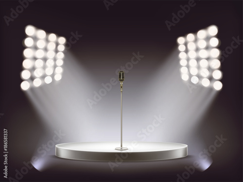Vector realistic metallic microphone stands on empty round white stage, pedestal, podium illuminated by white beams of spotlights isolated on dark background. Template for karaoke poster etc.