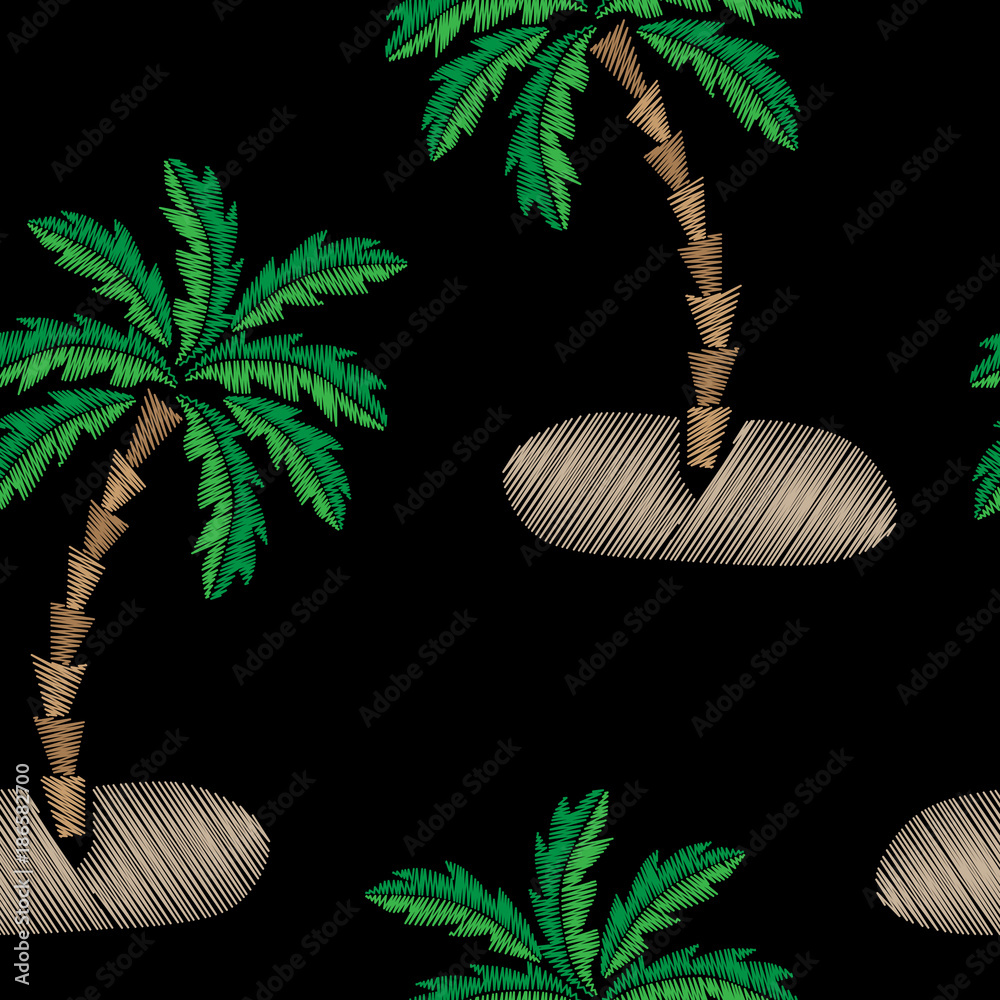 Fototapeta premium Seamless pattern with palm tree embroidery stitches imitation on black background