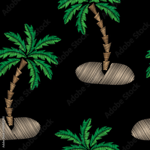 Seamless pattern with palm tree embroidery stitches imitation on black background