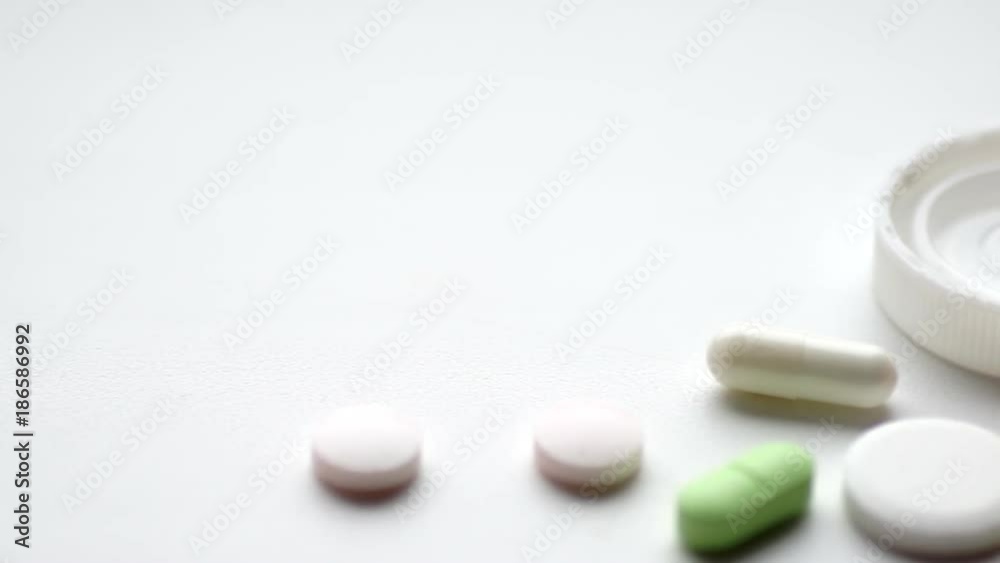 Panoramic video of pills, vitamins, tablets and pill bottle, macro dhot Panoramic video of pills, vitamins, tablets and pill bottle, macro dhot