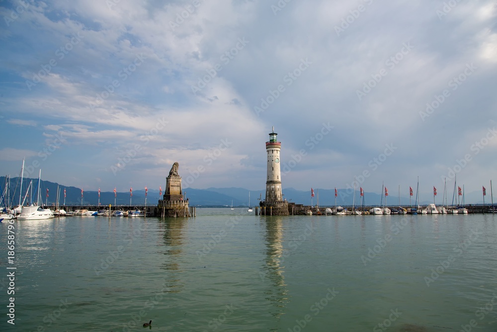 Port entrance of the harbour in the city of Lindau at the Lake Constance or Bodensee in southern Germany