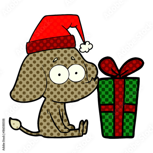 cartoon unsure elephant sat on floor with christmas present