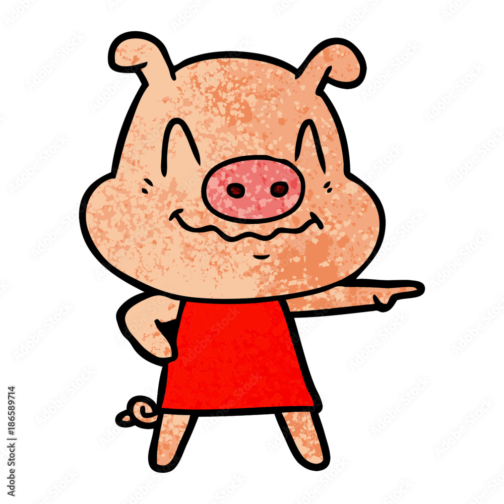 nervous cartoon pig wearing dress