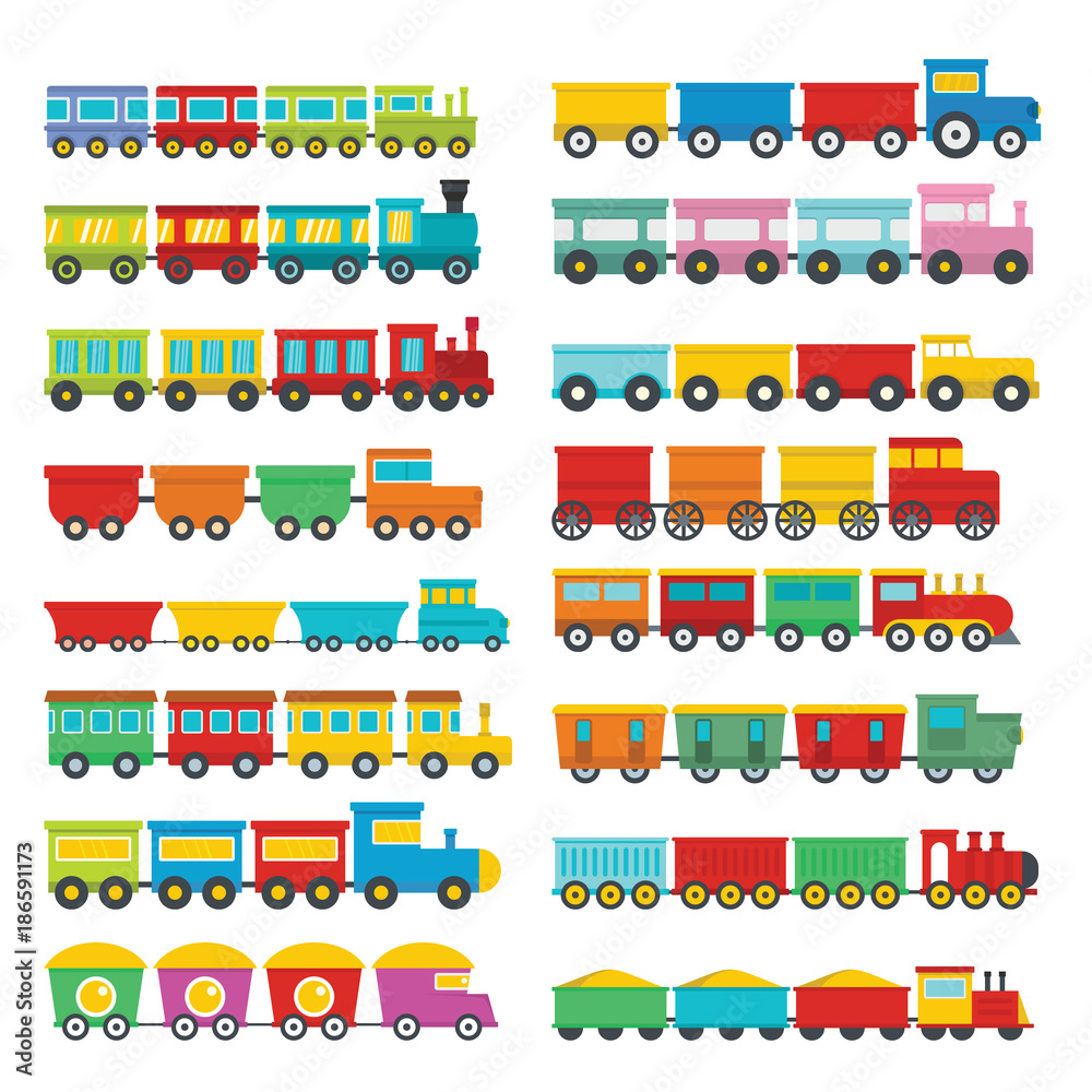 Train toy children icons set. Flat illustration of 16 train toy children vector icons for web