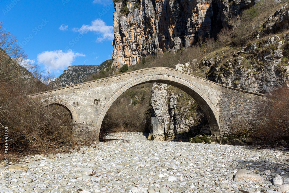 Amazing landscape of Bridge of Missios in Vikos gorge and Pindus Mountains, Zagori, Epirus, Greece