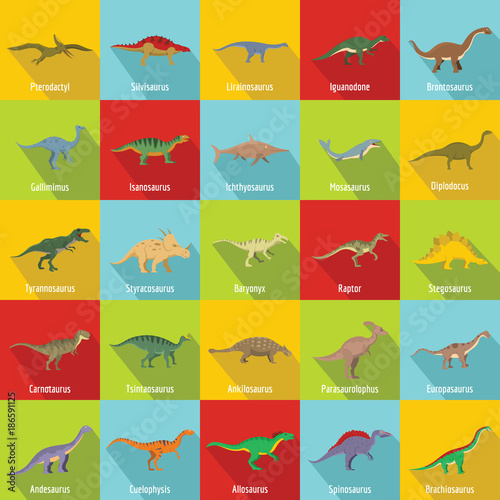 Dinosaur types signed name icons set. Flat illustration of 25 dinosaur types signed name vector icons for web