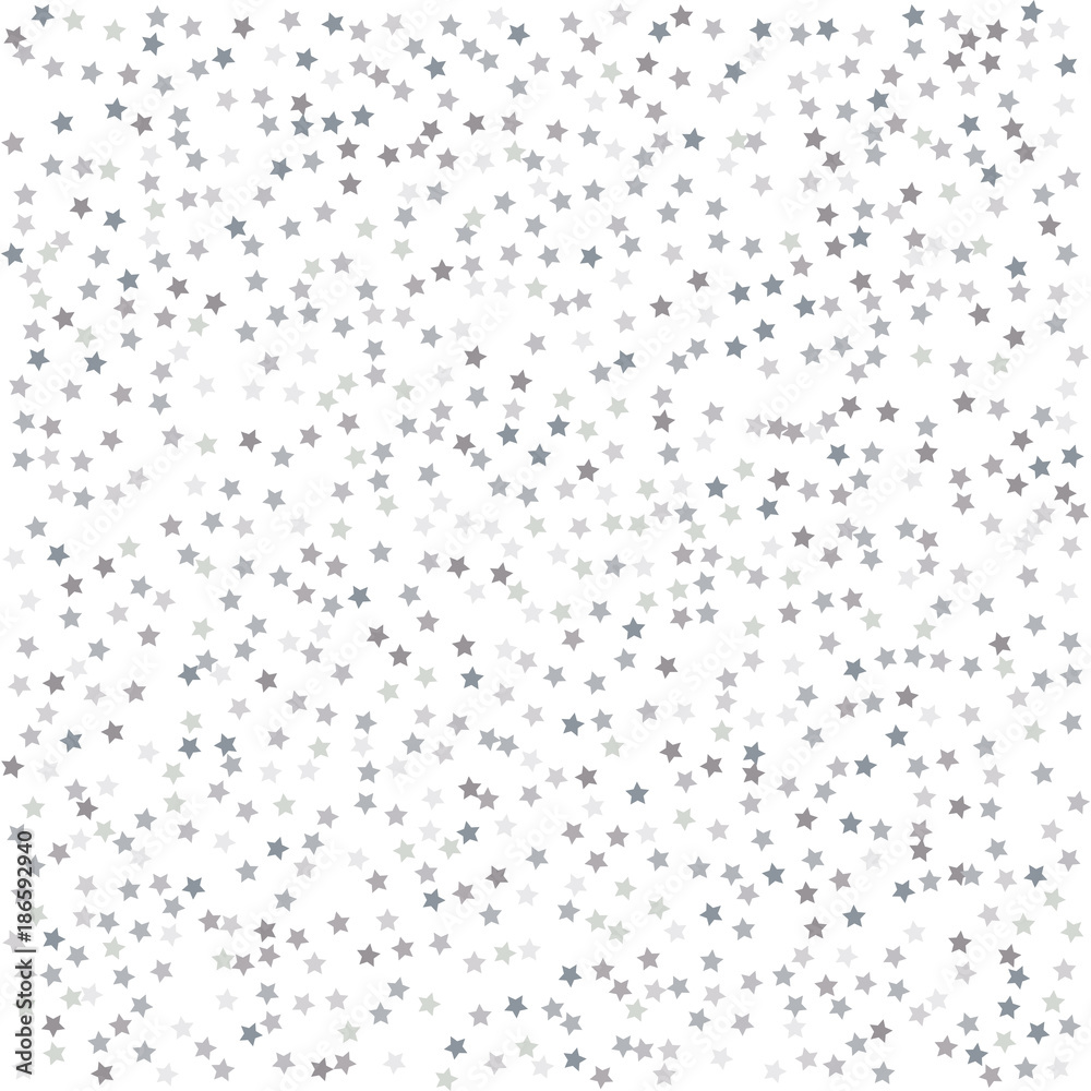 Abstract pattern of random falling silver stars on white background. Elegant pattern for banner, greeting card, Christmas and New Year card, invitation, postcard, paper packaging. Vector illustration