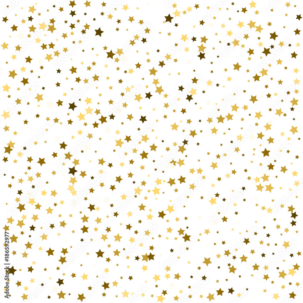 Abstract pattern of random falling gold stars on white background. Glitter template for banner, greeting card, Christmas and New Year card, invitation, postcard, paper packaging. Vector illustration.