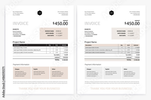 Elegant invoice template design vector - grey beige color photo