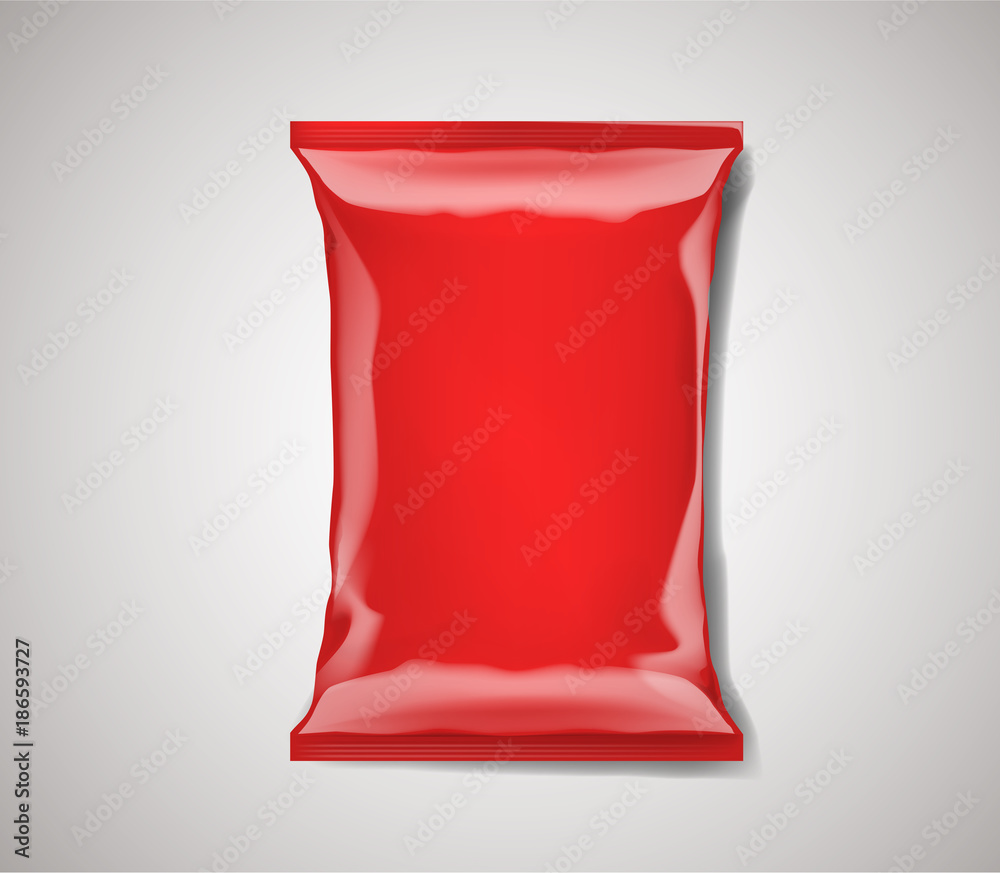 Red blank foil plastic bag packaging isolated. Mock-up design template for  branding for chips, snack, cookies, peanuts. Stock Vector | Adobe Stock
