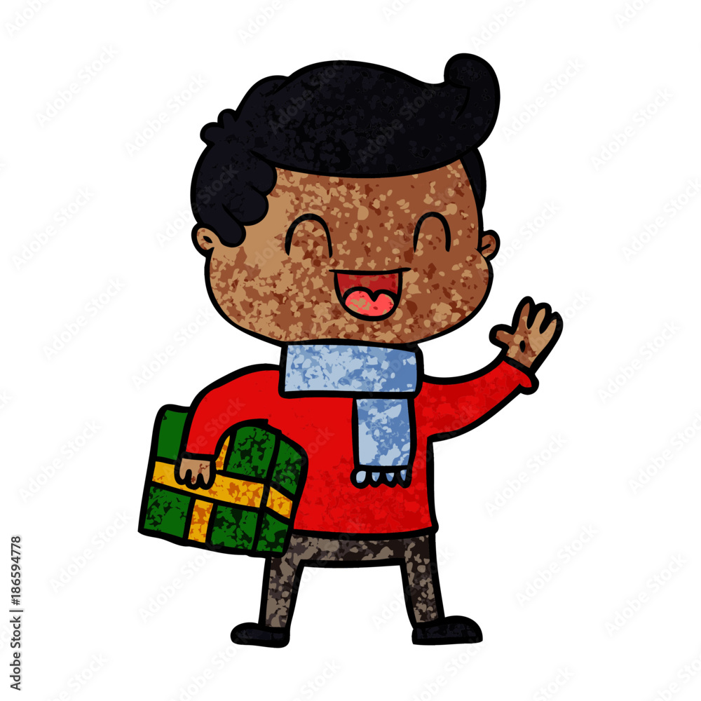 cartoon laughing man holding gift cartoon laughing man holding gift