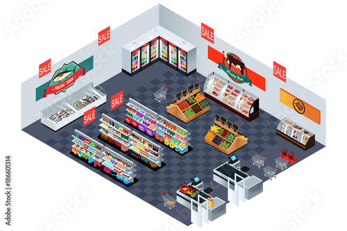 Supermarket Grocery Store in Isometric Illustration