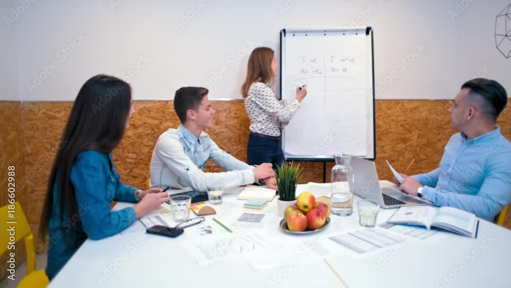 Accelerated Video of Young Students Group Studying Psychology in a Room with Flipchart