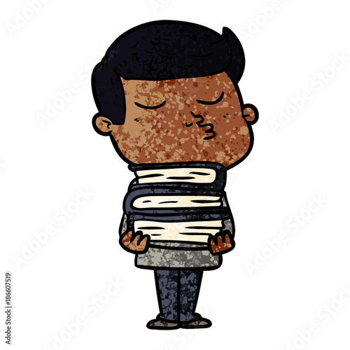 cartoon model guy pouting holding books