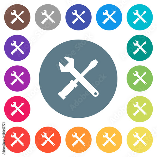 Tool kit flat white icons on round color backgrounds