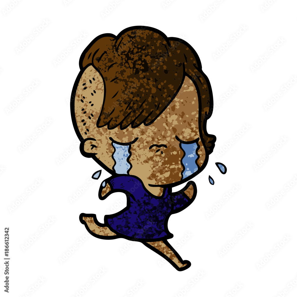 cartoon crying girl running away