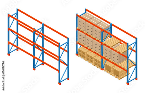 Isometric Warehouse shelves with boxes and empty shelves. Storage equipment icon. Vector isolated on white.