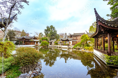 The landmark Lan Su Chinese Garden (Portland Classical Chinese Garden, Garden of Awakening Orchids) in the Old Town Chinatown in Portland