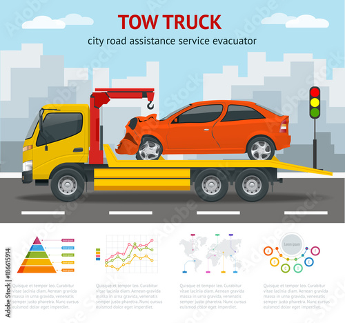 Tow truck city road assistance service evacuator. Tow truck delivers the damaged vehicle.