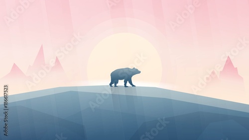 Vector illustration of beautiful landscape with Canadian symbol animal - wild bear silhouette in Violet palette. Pinky sunrise. Mountains top view. Mammal grizzly, black, brown, polar bear or kermode.