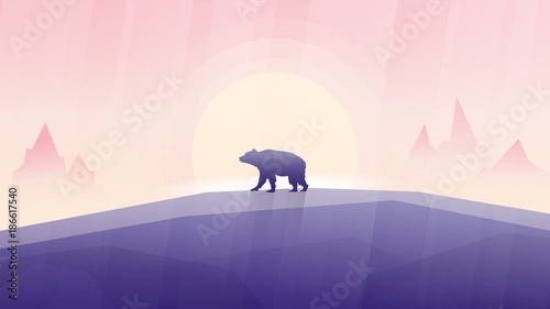 Vector illustration of beautiful landscape with Canadian symbol animal - wild bear silhouette in Violet palette. Pinky sunrise. Mountains top view. Mammal grizzly, black, brown, polar bear or kermode.