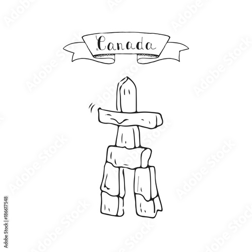 Hand drawn doodle Canada culture indigenous people landmark - totem pole inuksuk icon Vector illustration canadian isolated symbol on white Cartoon element stone relegion sign Aboroginal cairn element