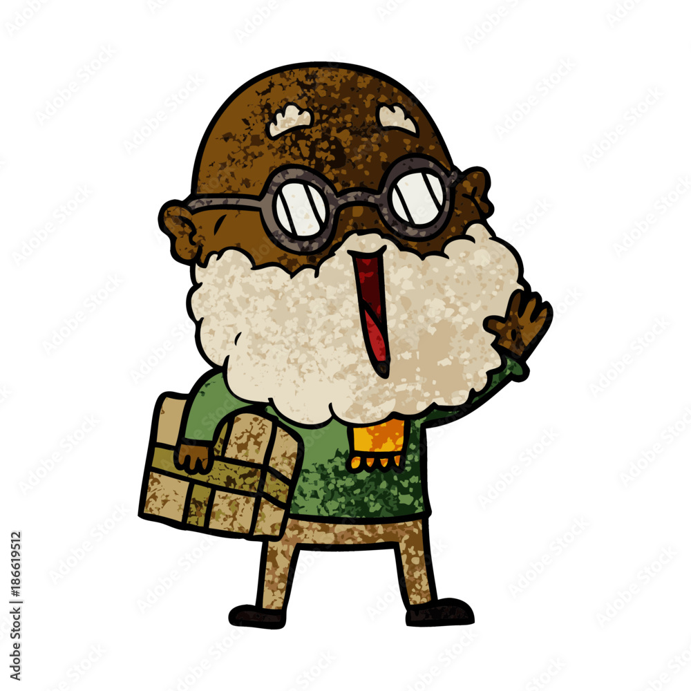 cartoon joyful man with beard and parcel under arm