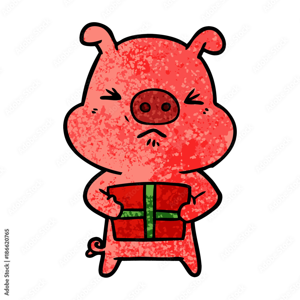 cartoon angry pig with christmas present cartoon angry pig with christmas present