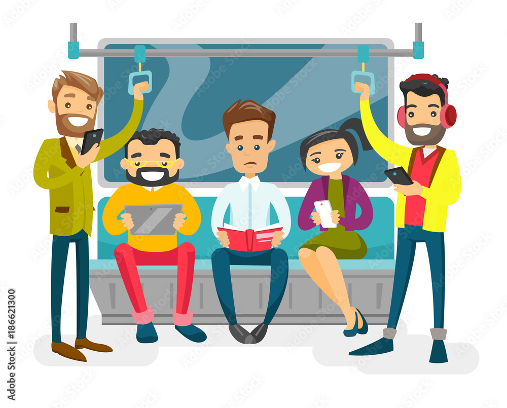 Vettoriale Stock Caucasian white people reading book, using smartphones and  tablet computer, listenig music in headphone in the metro. Group of young  passengers traveling by metro. Vector isolated cartoon illustration | Adobe
