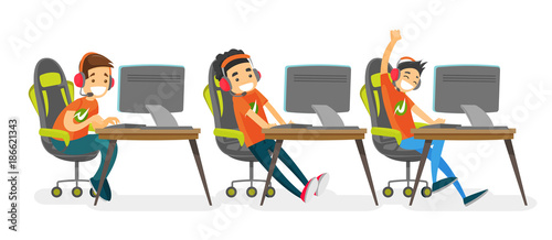 Team of caucasian white teenage gamers playing video game on a cybersport tournament. Group of happy boys in headsets playing on computers in electronic sports. Vector isolated cartoon illustration.