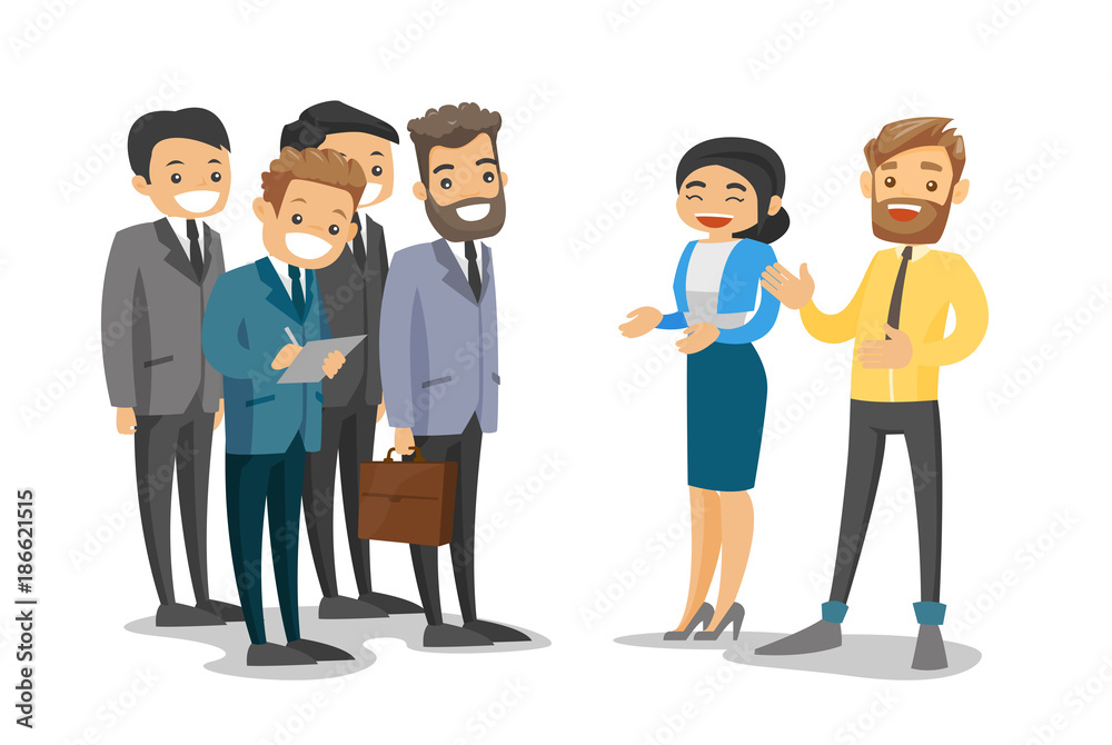 Group of caucasian white business delegates listening to business woman and businessman at conference. Dlegates networking during conference. Vector cartoon illustration isolated on white background.