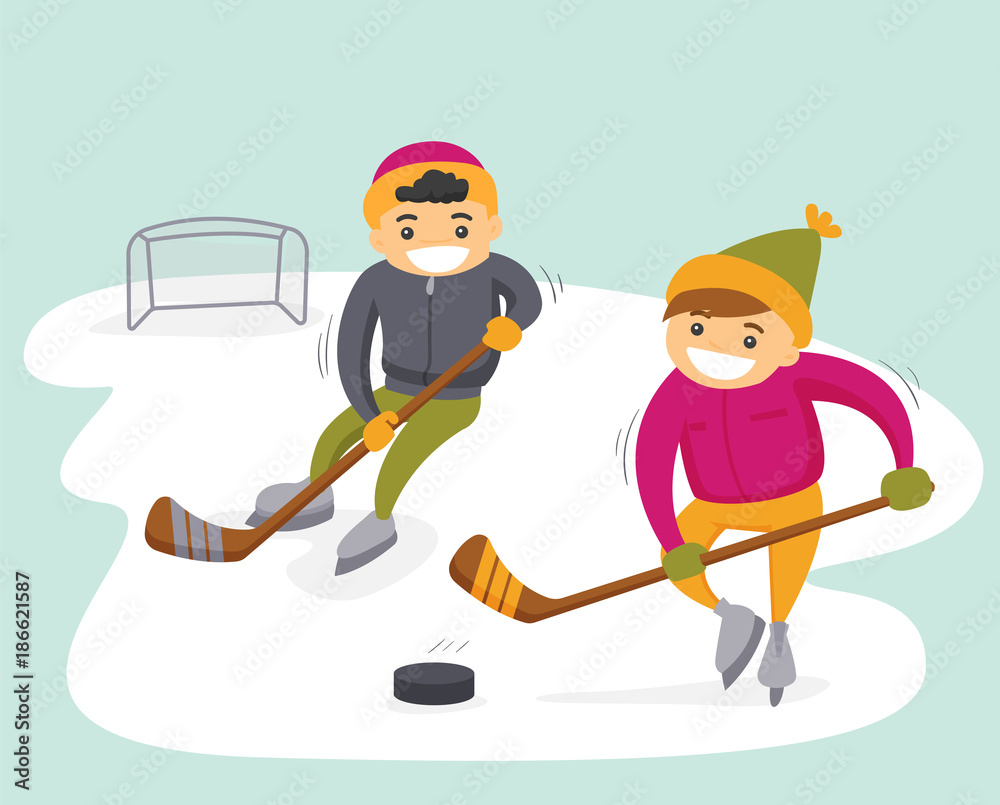 Two teenage caucasian white boys playing ice hockey on an outdoor ice skating rink. Kids having fun at outdoor skating rink in winter. Vector cartoon illustration.