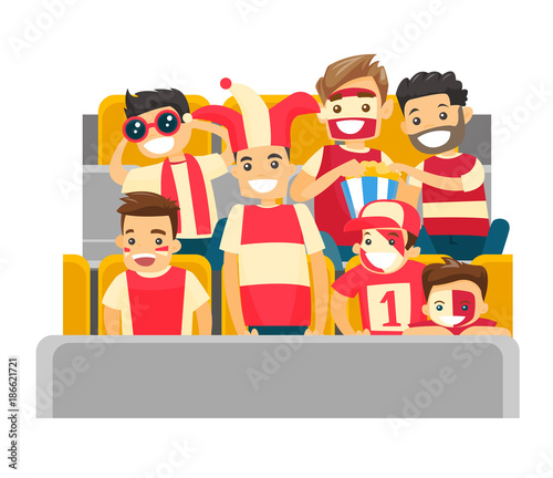 Caucasian white sport supporters sitting at the stadium at a sporting event. Crowd of spectators watching game at the stadium. Vector cartoon illustration isolated on white background. Square layout.