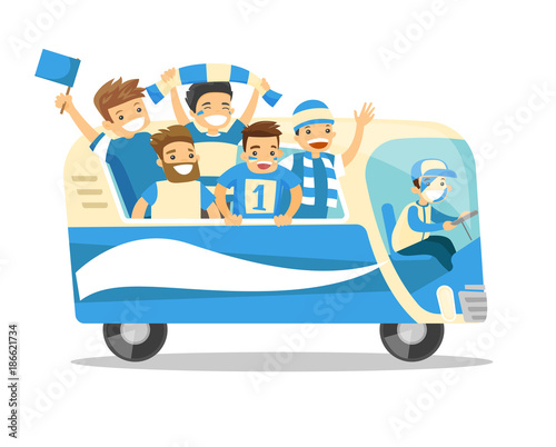 Bus full of cheerful caucasian white football team players in blue outfit celebrating the victory in the football championship. Vector cartoon illustration isolated on white background. Square layout.