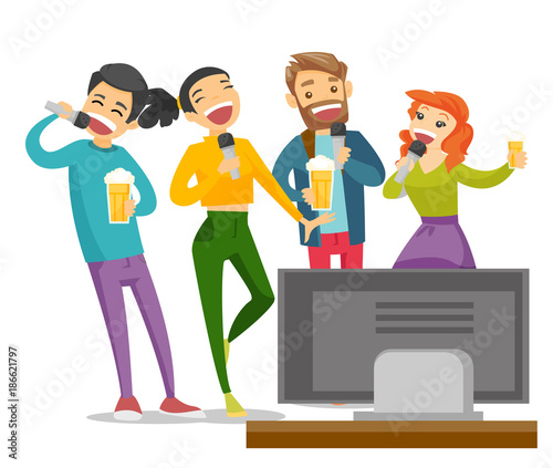 Young caucasian white friends drinking beer and singing karaoke together at home. Group of friends having fun at karaoke party. Vector cartoon illustration isolated on white background. Square layout.