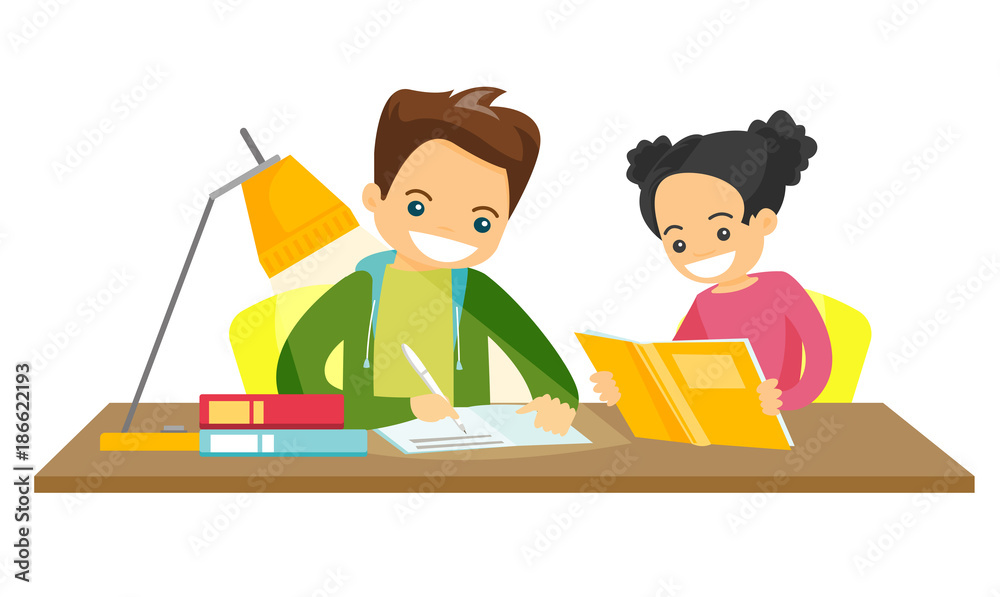 Young caucasian white brother and sister sitting at the table and doing homework at home together. Girl reading a book while her brother writes in exercise book. Vector isolated cartoon illustration.