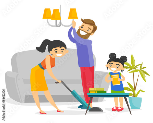 Young caucasian white family having fun while cleaning living room all together. Little daughter helping mother and father to clean a house. Vector cartoon illustration isolated on white background.