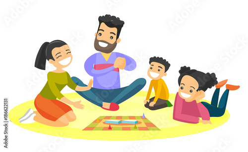 Young caucasian white parents with their little children sitting on the floor and playing together board game at home. Family vacation concept. Vector cartoon illustration isolated on white background
