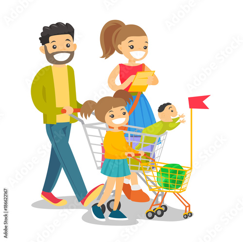 Happy caucasian white family with kids shopping. Young family walking with purchases  shopping bags  list and cart. Consumerism  shopping and family concept. Vector isolated cartoon illustration.