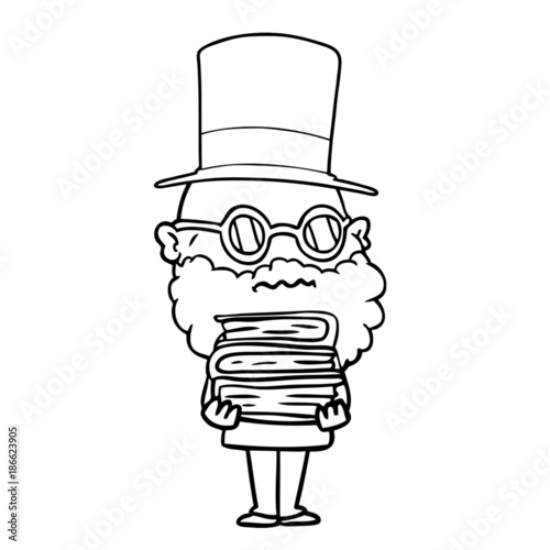 cartoon worried man with beard and stack of books