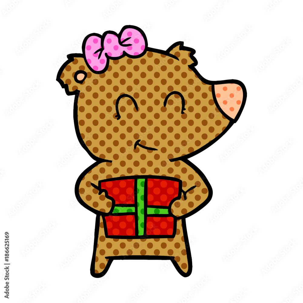 bear cartoon character with present bear cartoon character with present
