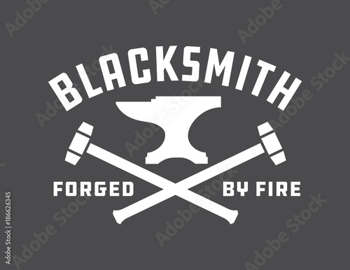 Blacksmith vector emblem or badge.
Retro style blacksmith design with forging tools including hammers, anvil, tongs and fire.